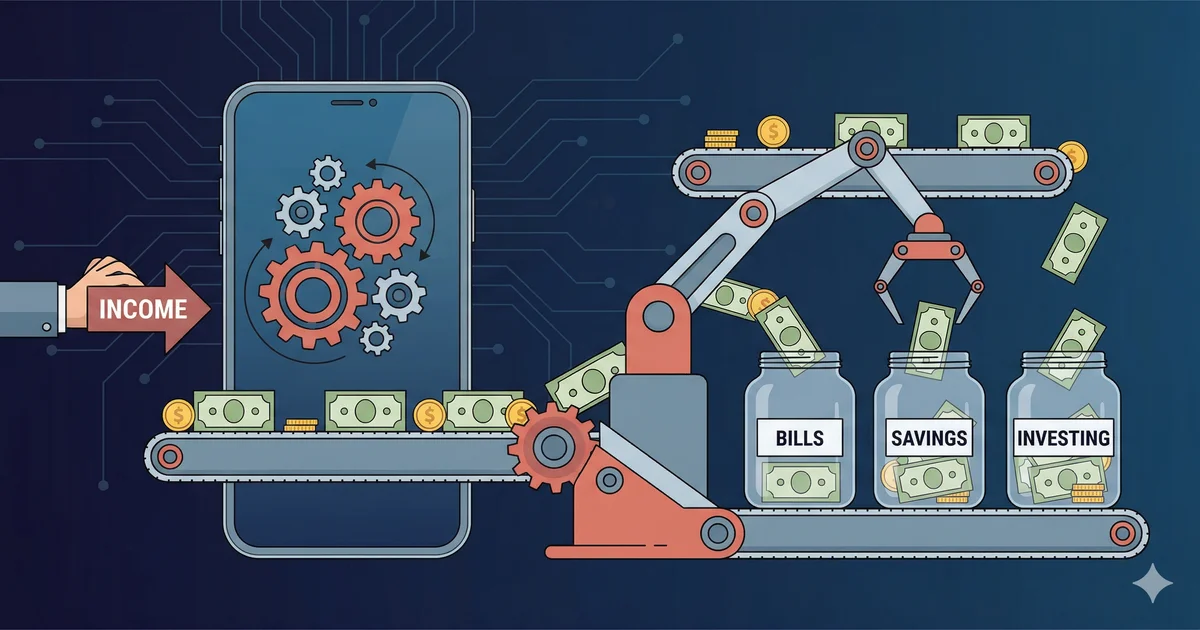 Automate Your Finances - Smartphone with gears and conveyor belt sorting income into Bills, Savings, and Investing jars