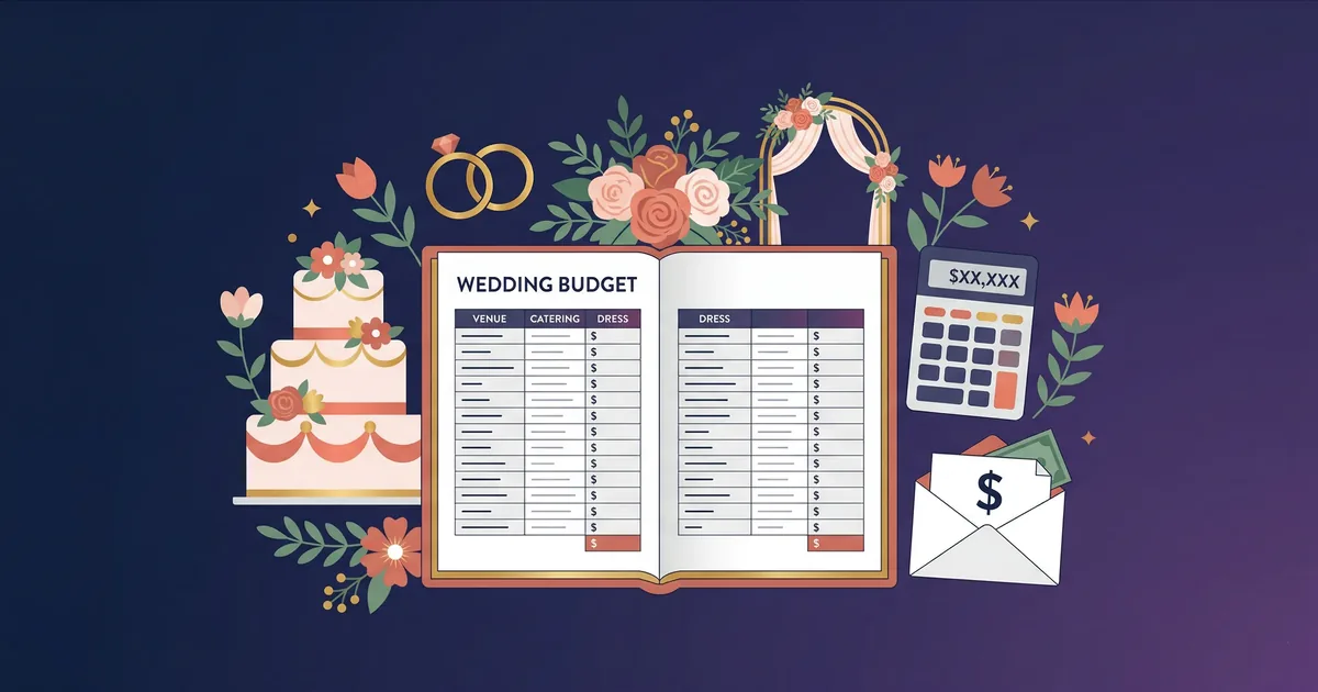 Budget for a Wedding - Wedding elements around an open budget book with rings, cake, and flowers