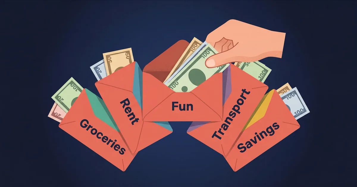 Envelope Budgeting Method - Colorful cash envelopes labeled for different budget categories