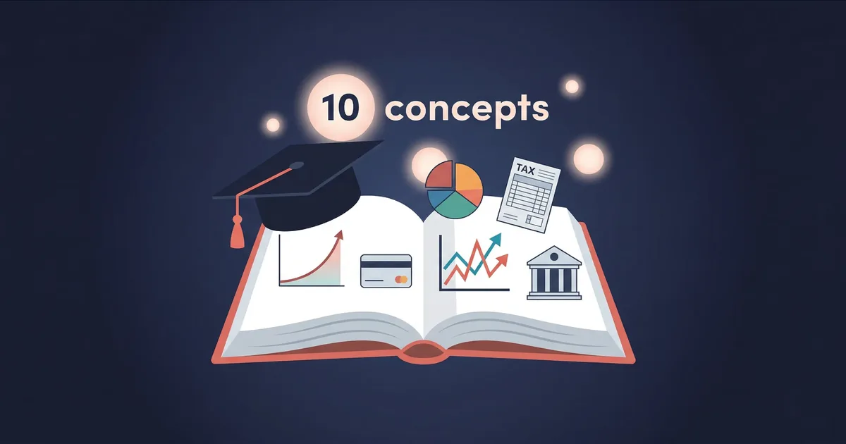 Financial Literacy Basics - Open book with financial icons and graduation cap