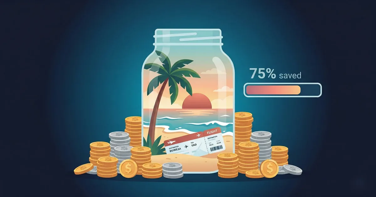 Save for a Vacation - Tropical beach scene inside a savings jar with progress bar