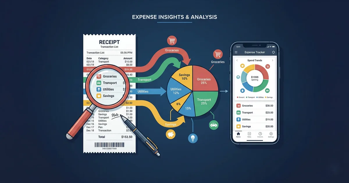 Track Your Expenses - Magnifying glass over receipts with color-coded expense streams