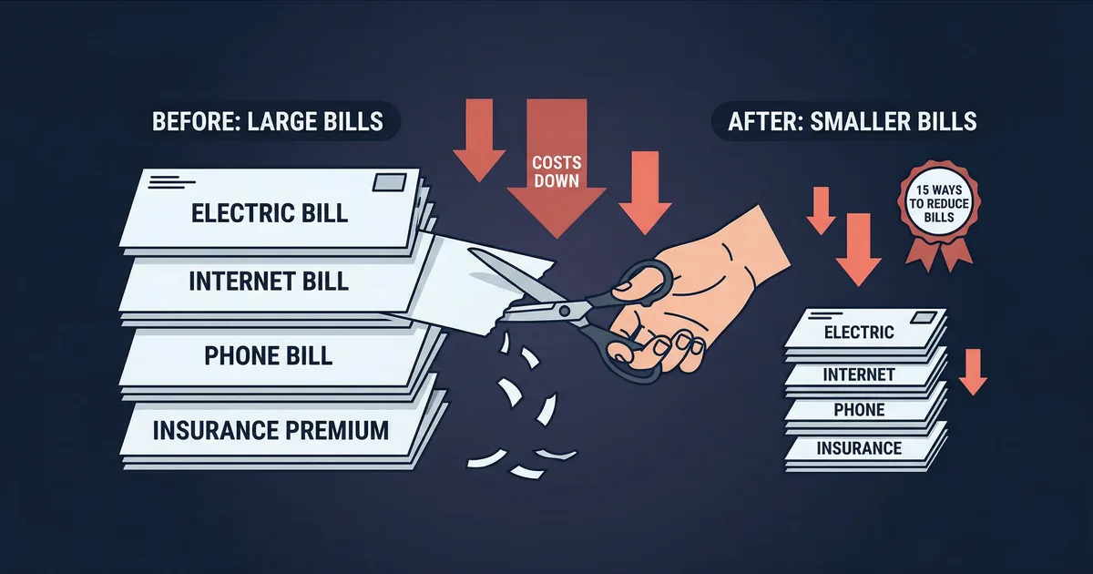 Reduce Monthly Bills - Stack of bill envelopes shrinking with downward arrows