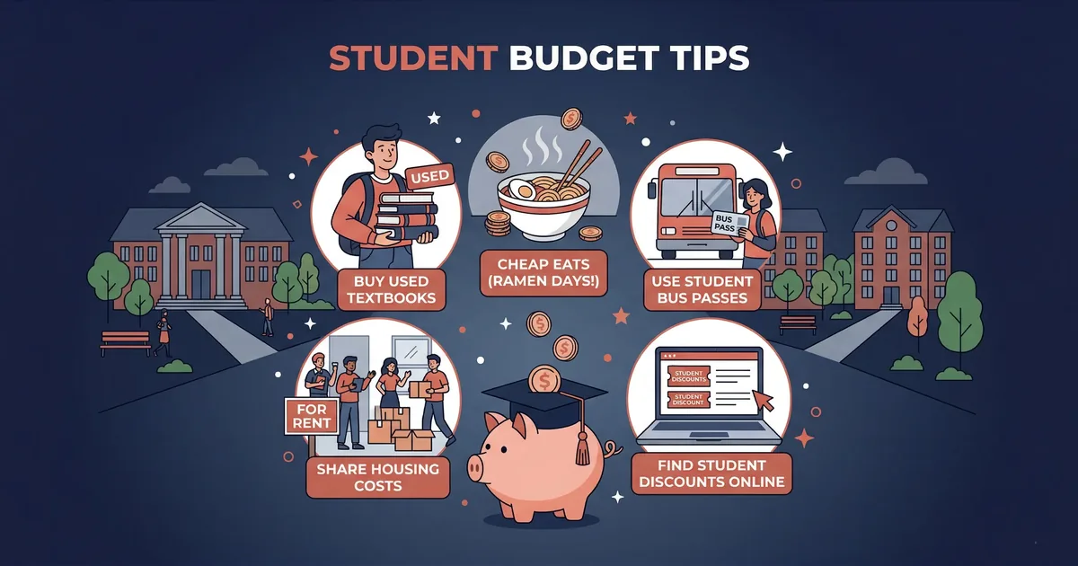 Save Money as a Student - Campus scene with money-saving hacks and piggy bank with graduation cap