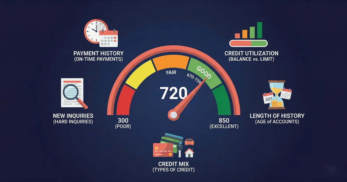 Understanding Credit Scores - Credit score meter with financial factors