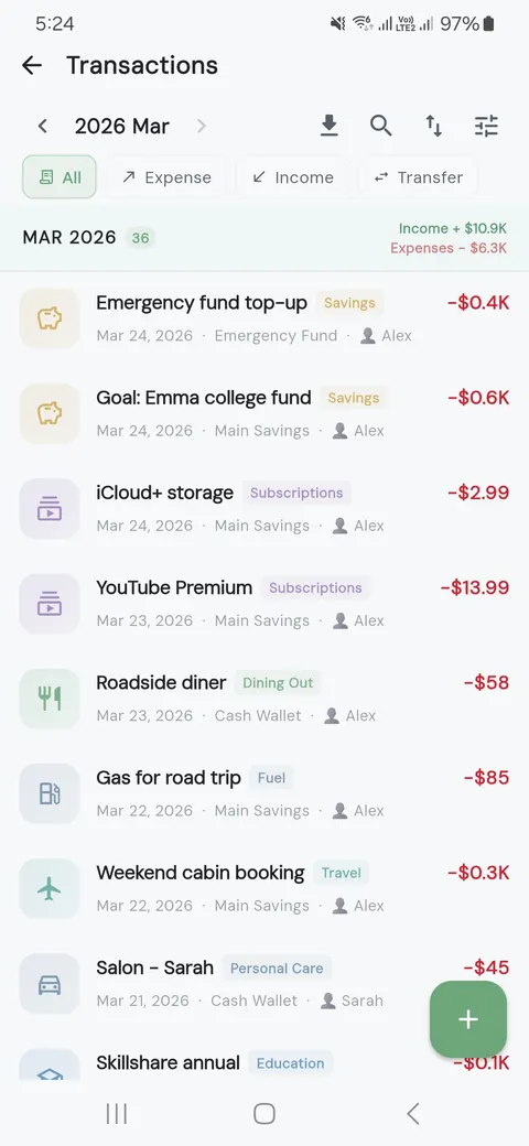 Budgeting365 transaction list with categorized expenses and income